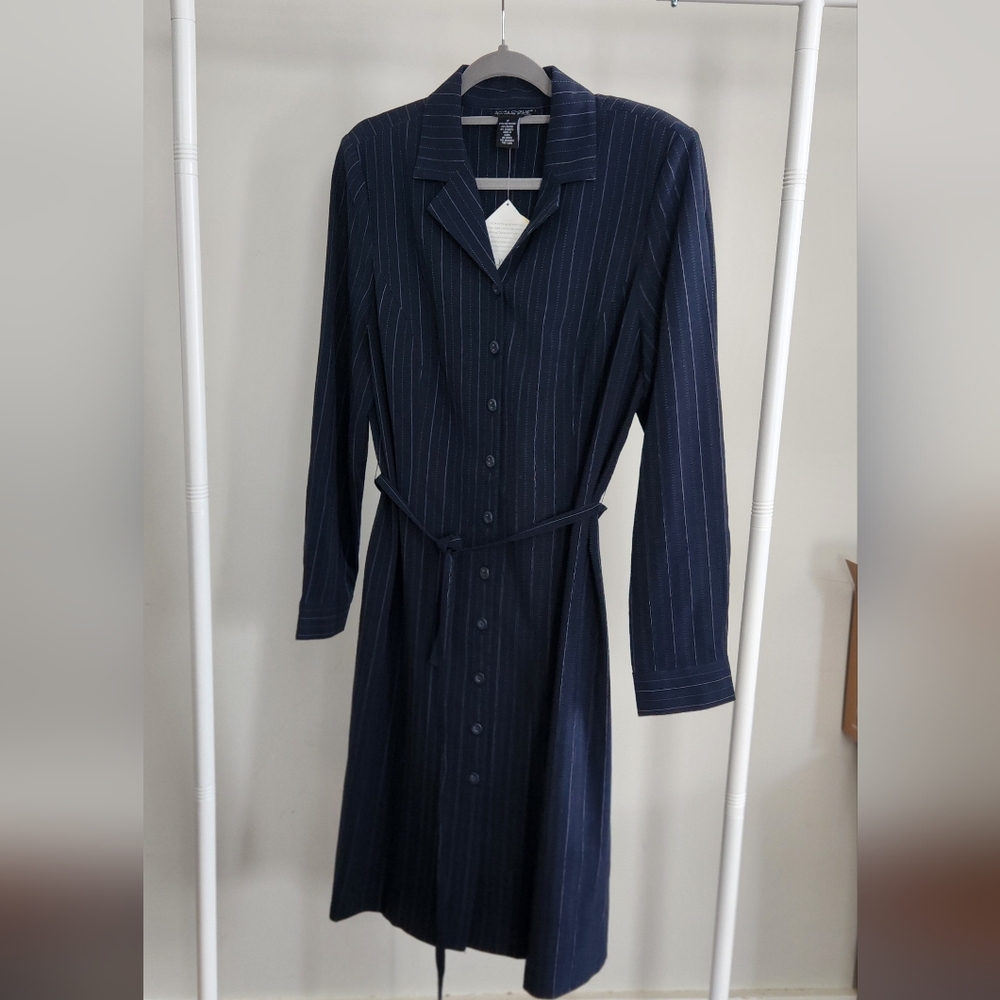 NWT Dialogue Dark Blue Pinstripe Long Sleeve Dress - Size 12